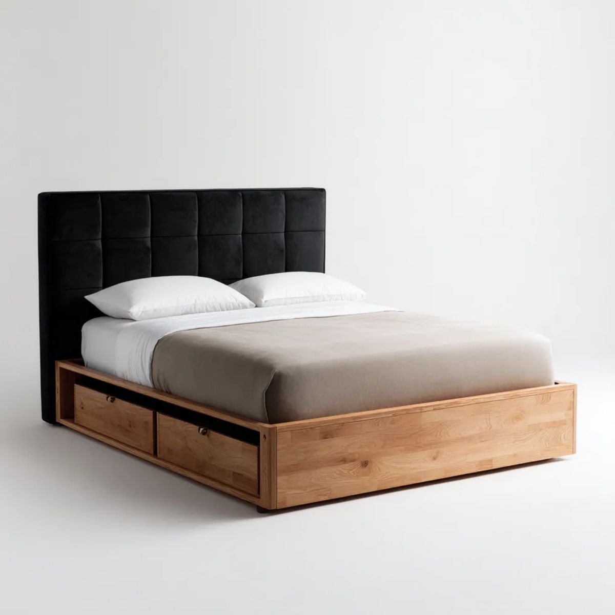 Łóżko dwuosobowe, Podwójne łóżko w Dębowym Dębie z 2 szufladami i czarnym deską rozdzielczą 160 x 200 cm
