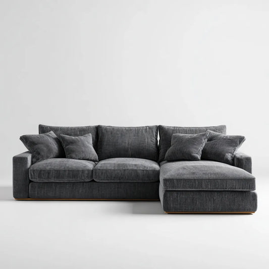 Sofa, Kanapa narożna 4 miejsca antracyt w aksamicie z poliestrowym żebrowanym szezlongiem prawo 280 x 160 x 85 cm
