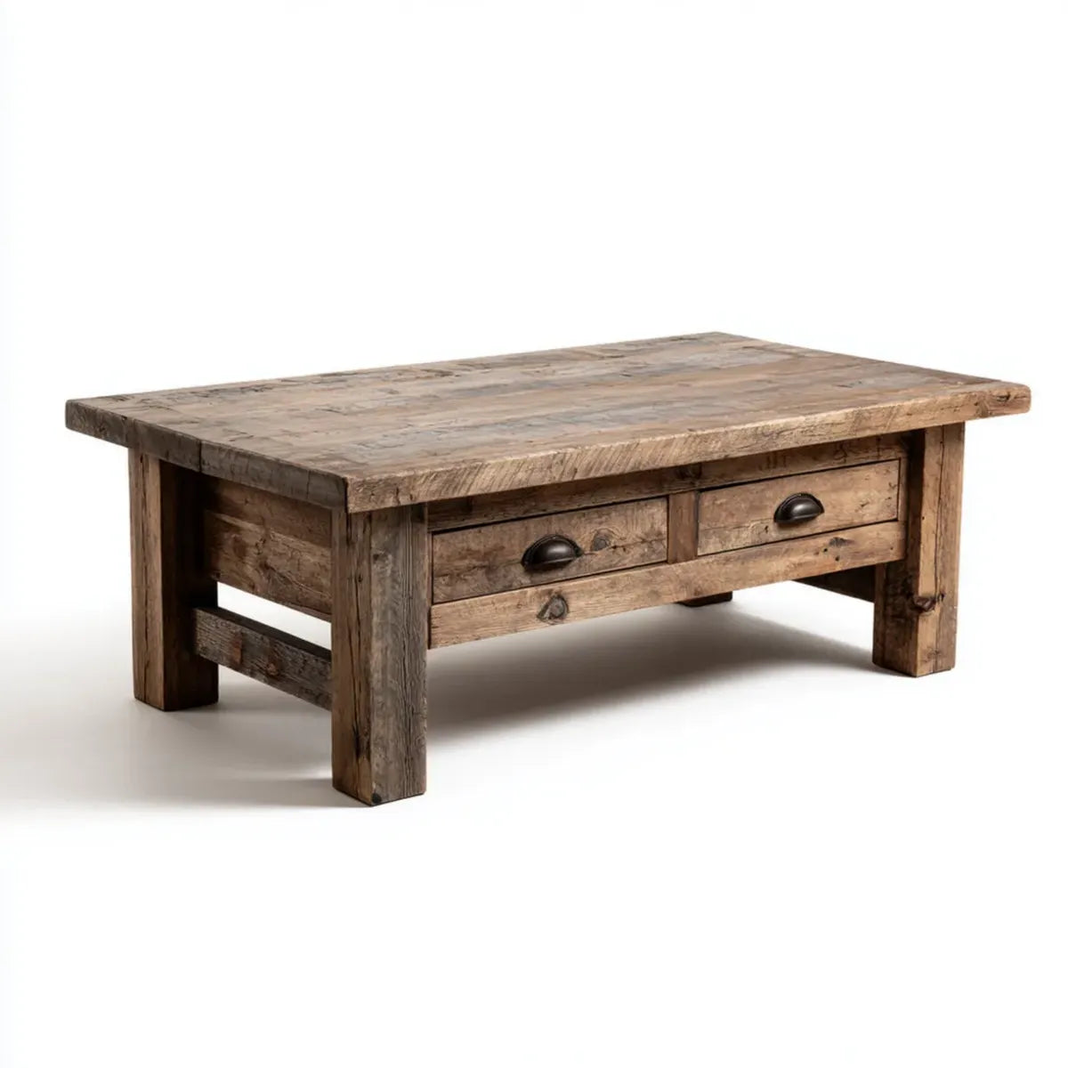 Stolik kawowy, Stół kawowy z 2 szufladami brązowy 100 x 60 x 45 cm litego drewna z recyklingu prostokątnego