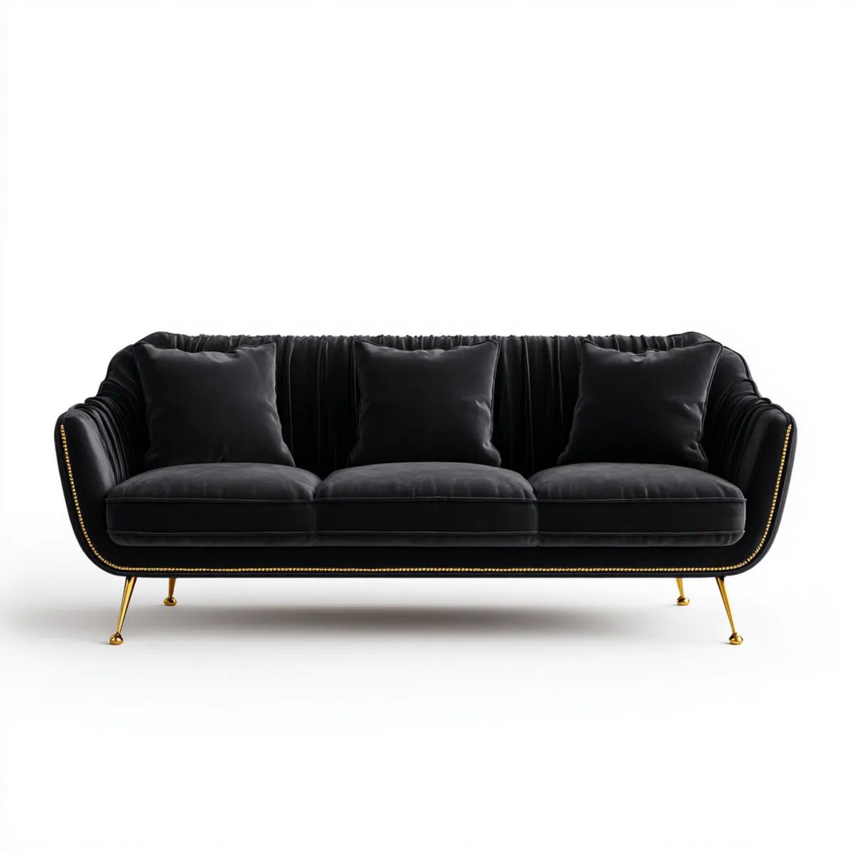 Sofa, 3 fotele czarne poliestrowe aksamitna sofa o złotych stopach prostokątna kształt 220 x 90 x 82 cm
